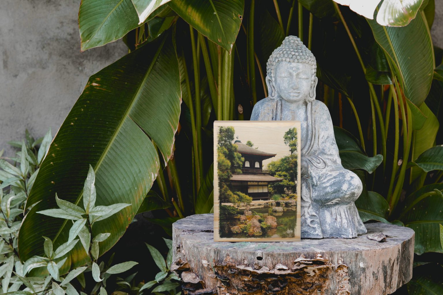 Ambiance, photo en extérieur, impression sur bois - Buddha et bloc temple chinois dans jardin verdoyant et zen
