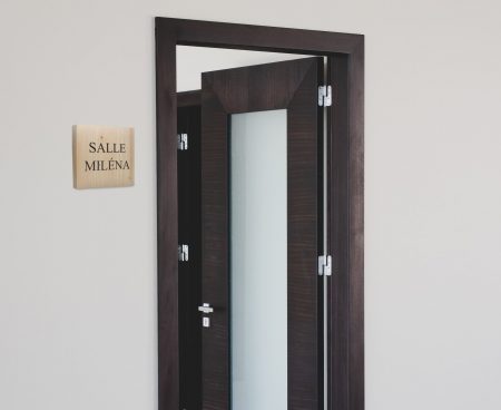 Solution pour les pros : impression bois du nom d'une salle, plaque placéee près de la porte